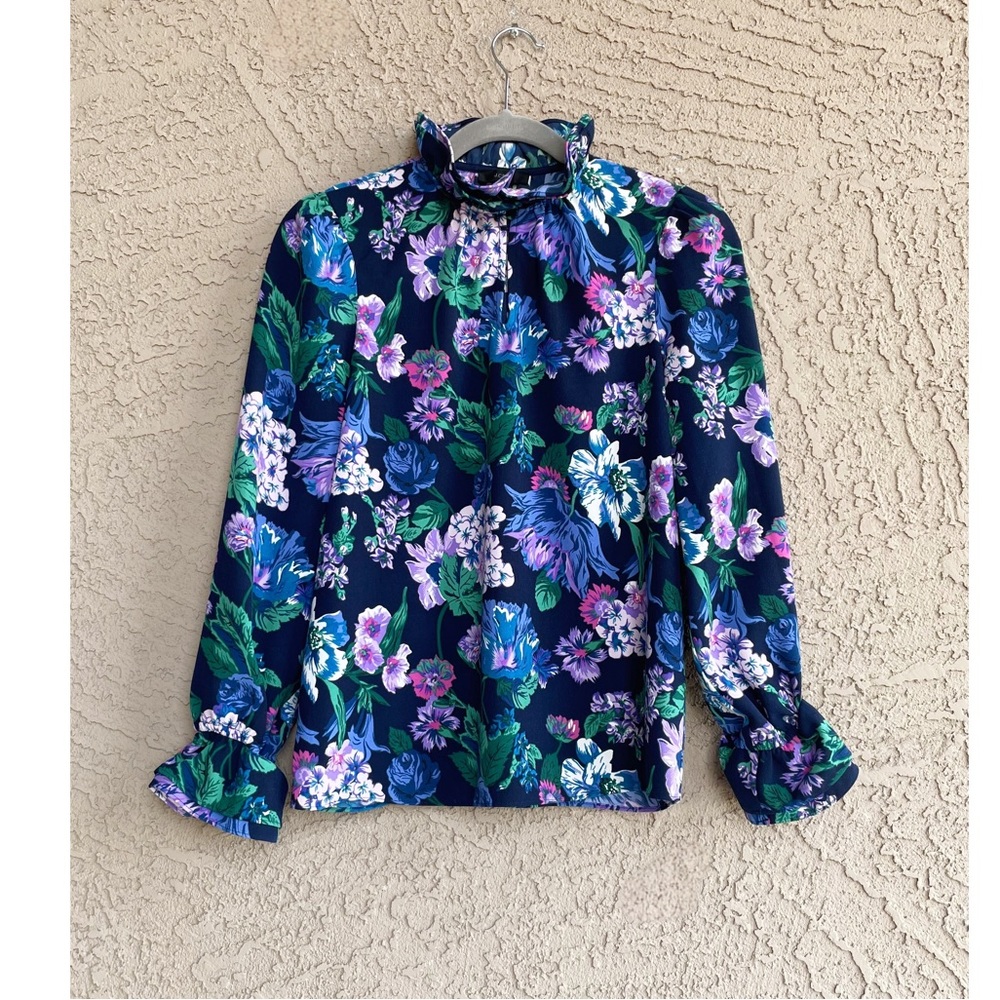 J. CREW Purple Blue Green Floral Printed Ruffle Neck Flounce Keyhole Blouse Top